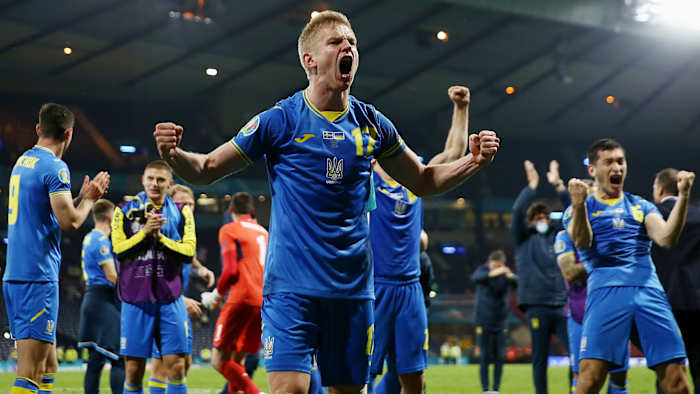 Ukraine's Oleksandr Zinchenko celebrates a win over Sweden at Euro 2020